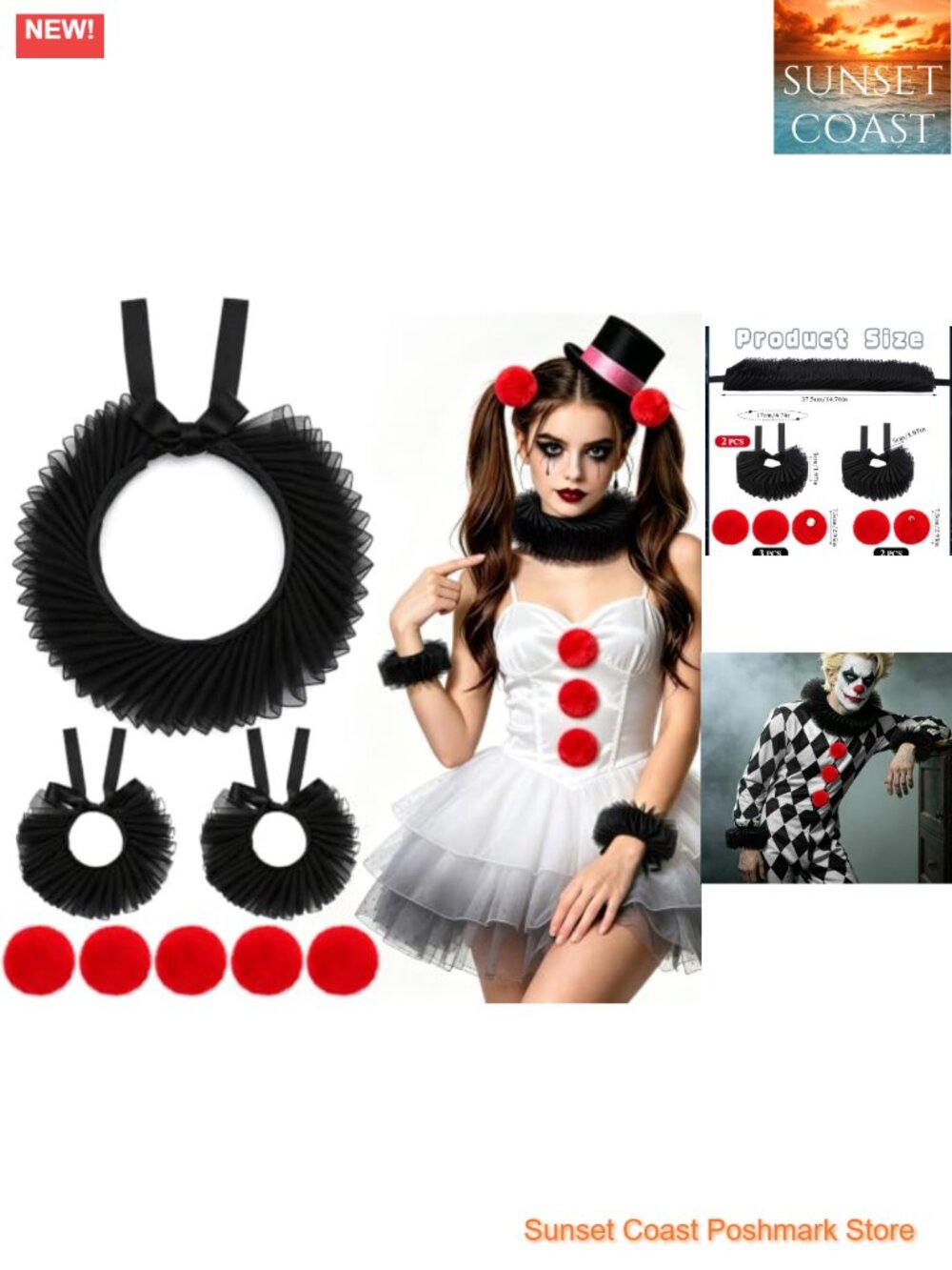 Clown Ruffle Collar and Cuffs Set with Jester Pom Poms Halloween Costume